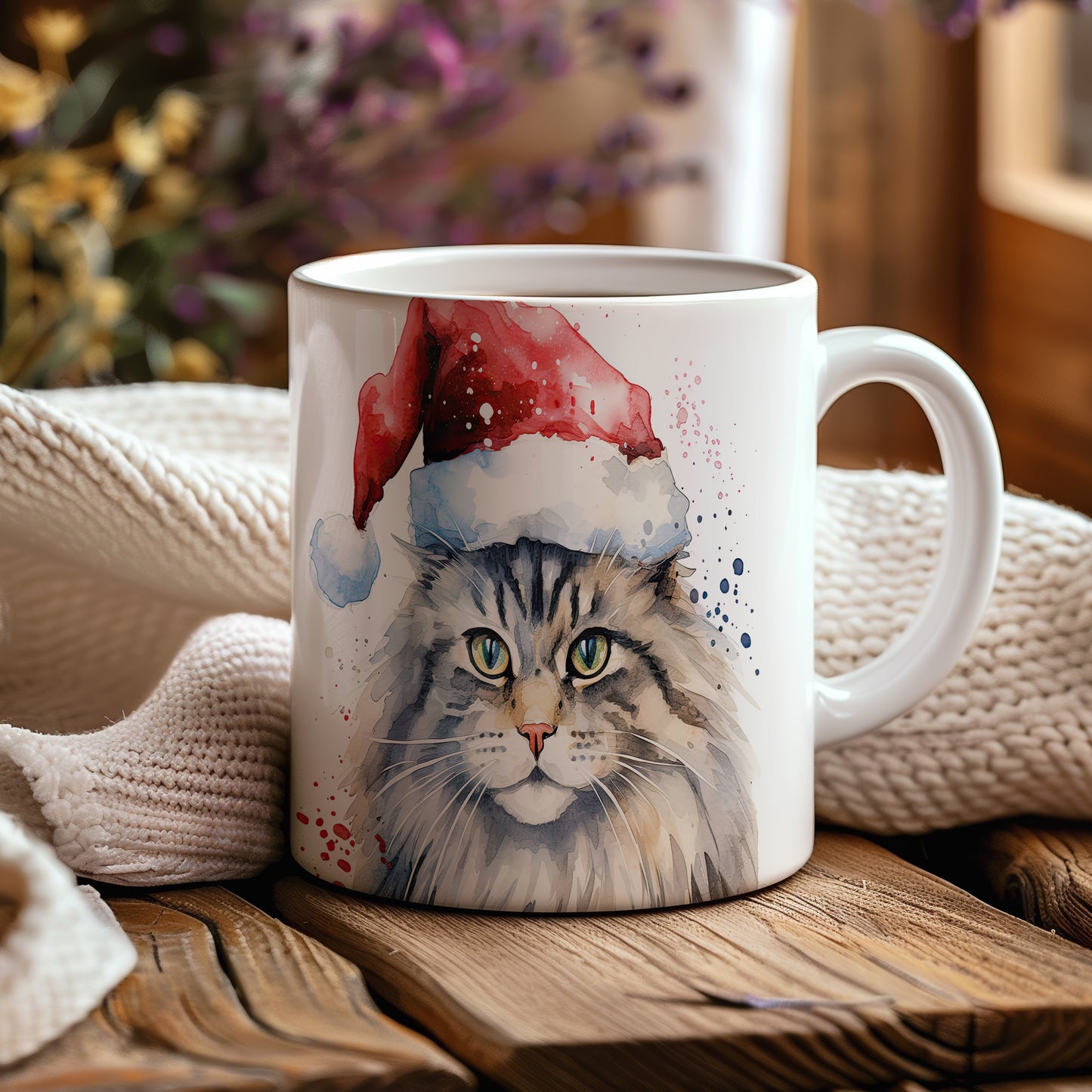 Hrnek s kočkou v čepici Santa Claus – černobílým motivem