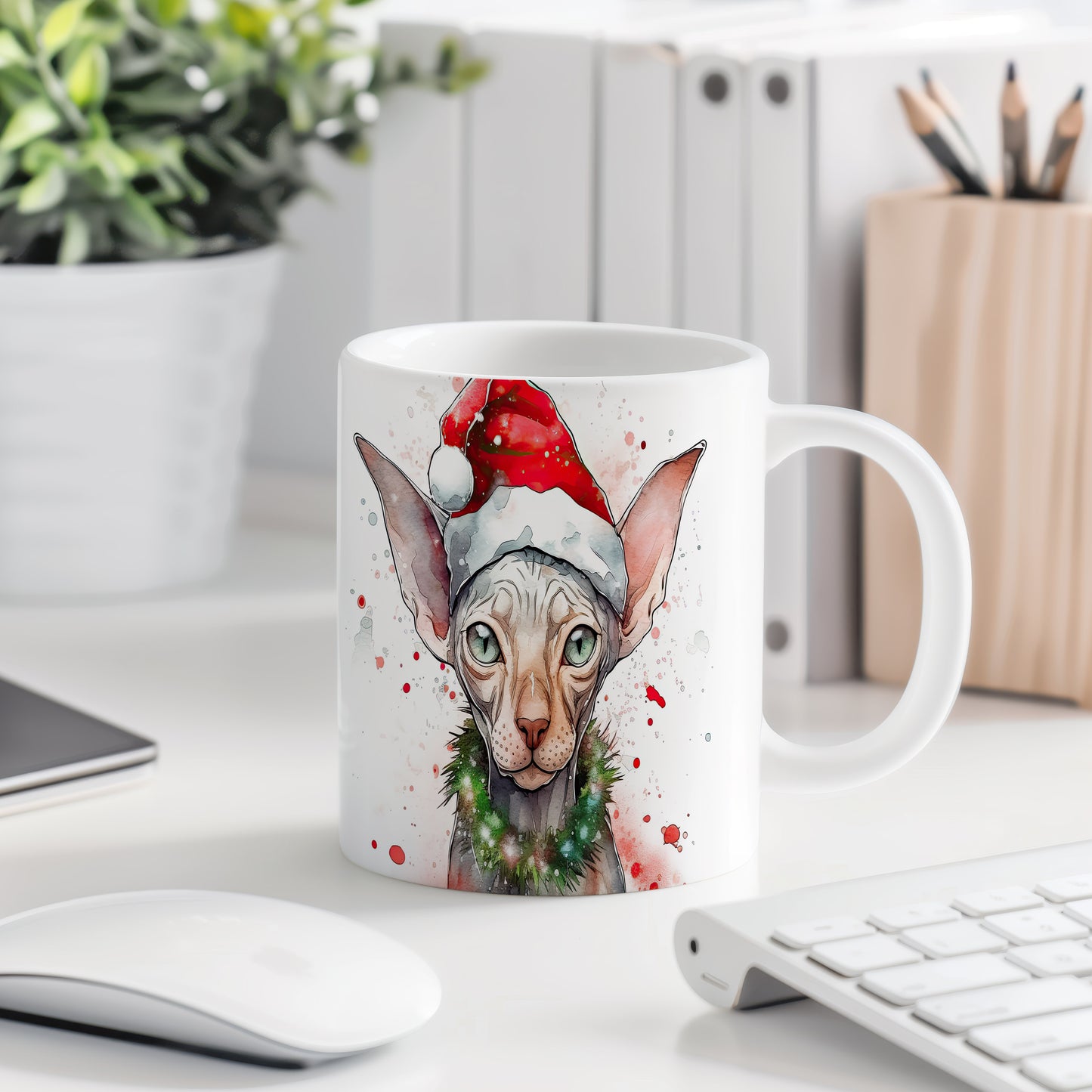 Hrnek se Sphynxem v Santa čepici