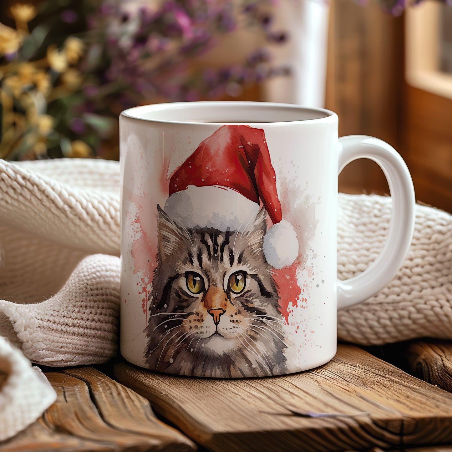 Hrnek s kočkou v Santa klobouku – výrazným designem