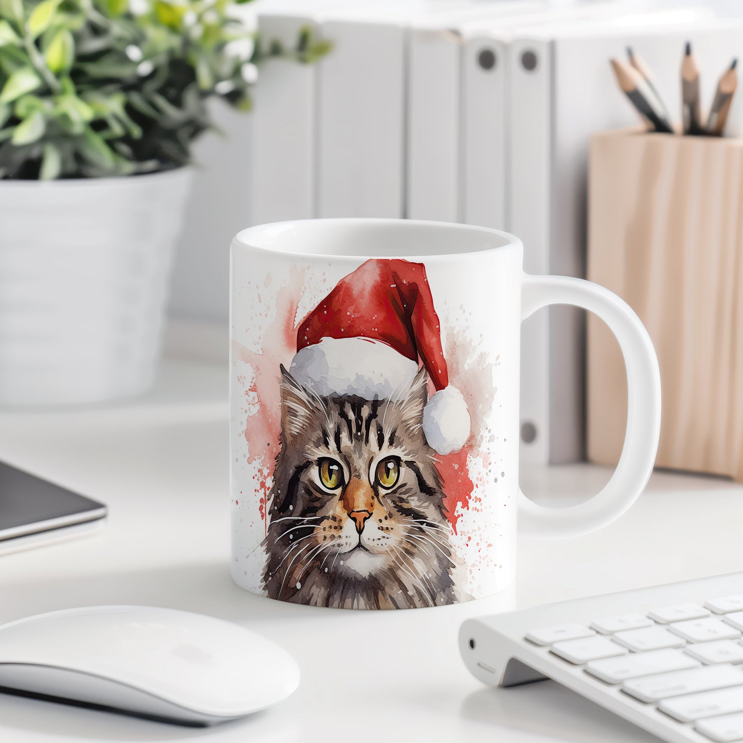 Hrnek s kočkou v Santa klobouku – výrazným designem