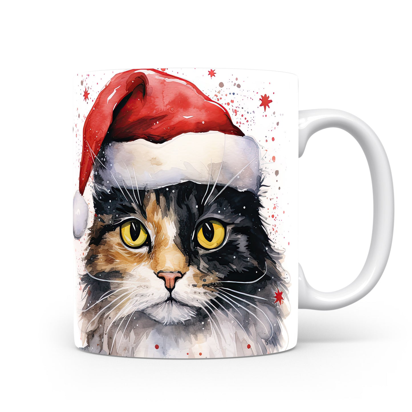 Hrnek s kočkou v čepici Santa – radostná digitální ilustrace