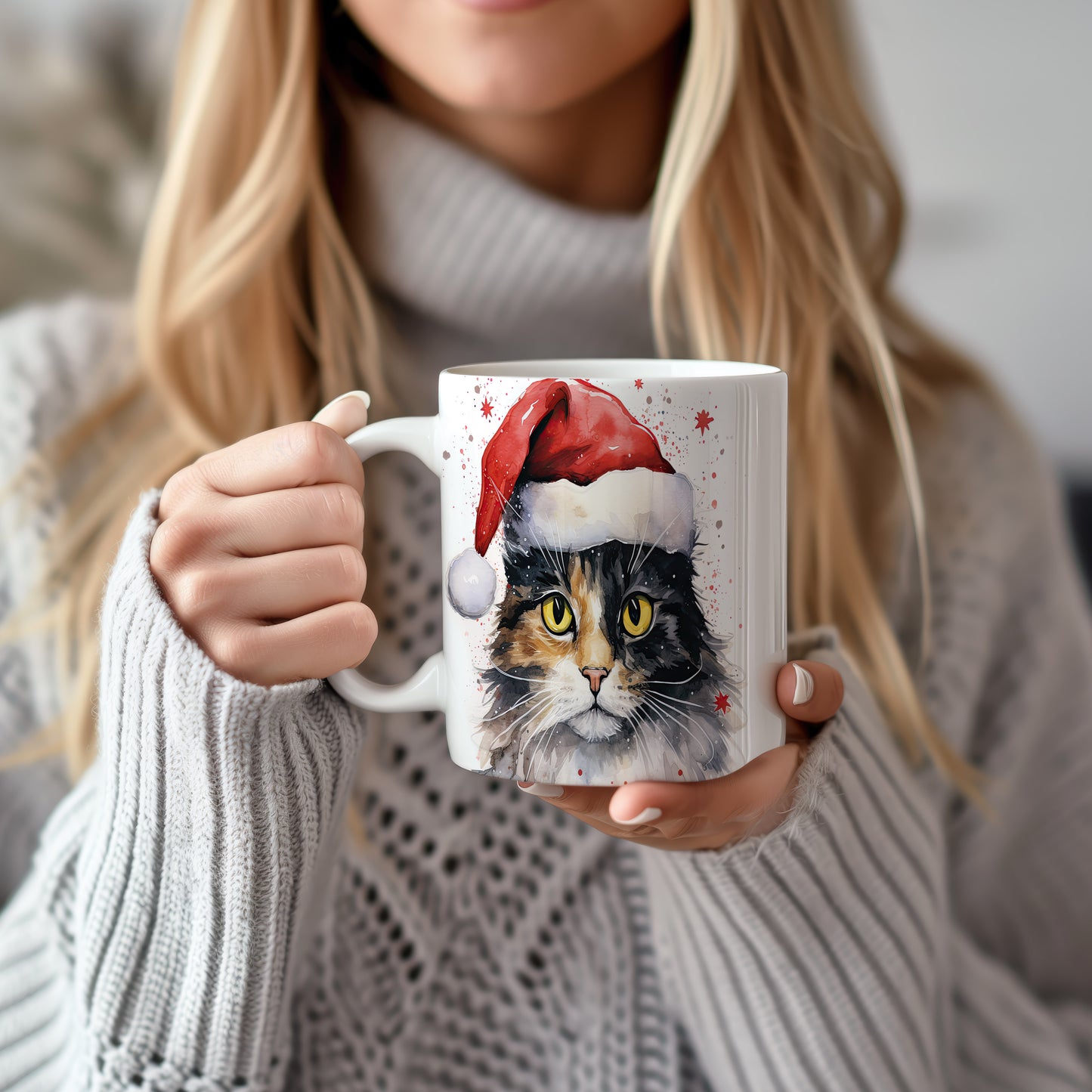Hrnek s kočkou v čepici Santa – radostná digitální ilustrace