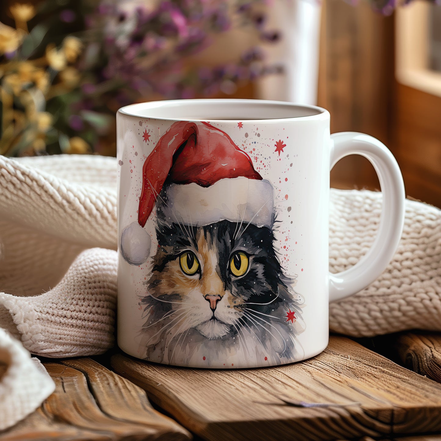 Hrnek s kočkou v čepici Santa – radostná digitální ilustrace
