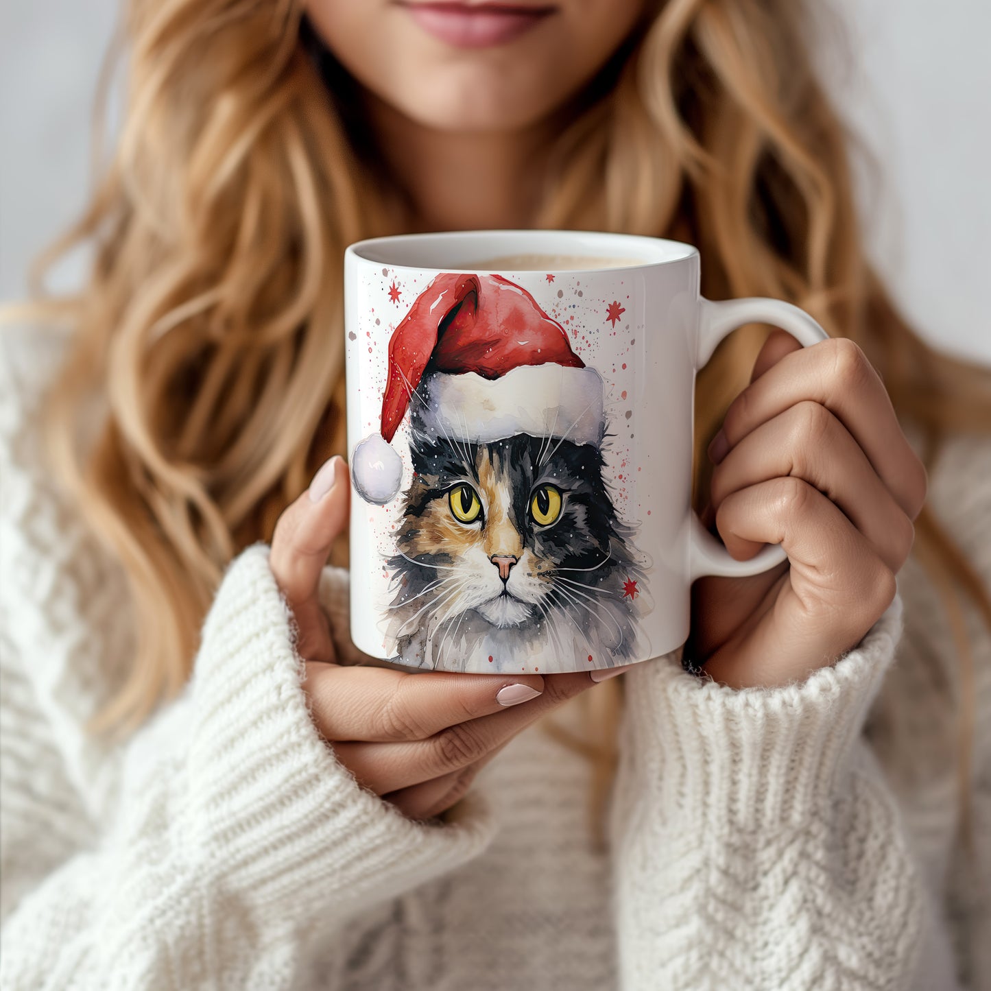 Hrnek s kočkou v čepici Santa – radostná digitální ilustrace