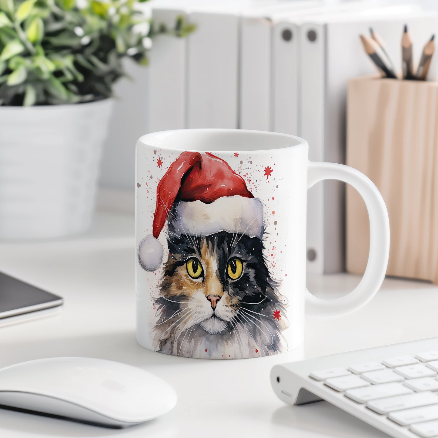 Hrnek s kočkou v čepici Santa – radostná digitální ilustrace