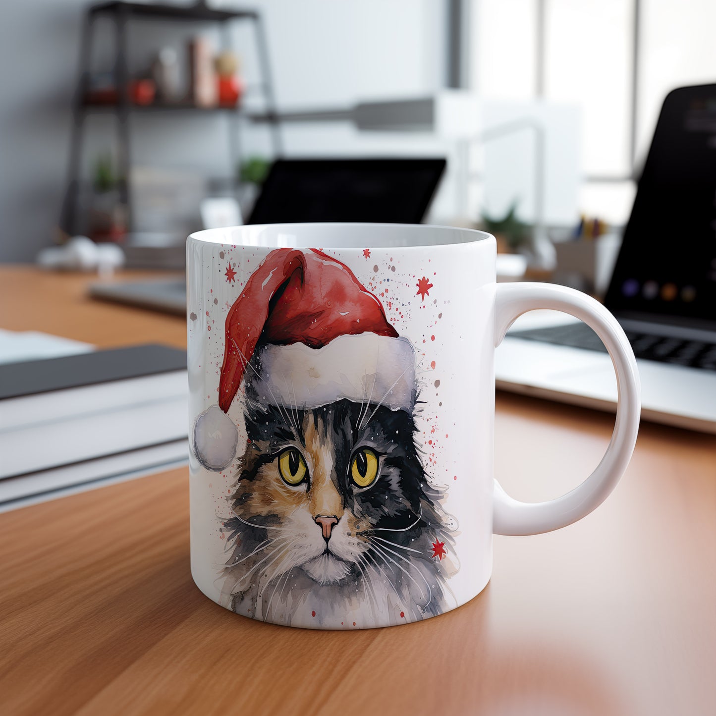 Hrnek s kočkou v čepici Santa – radostná digitální ilustrace