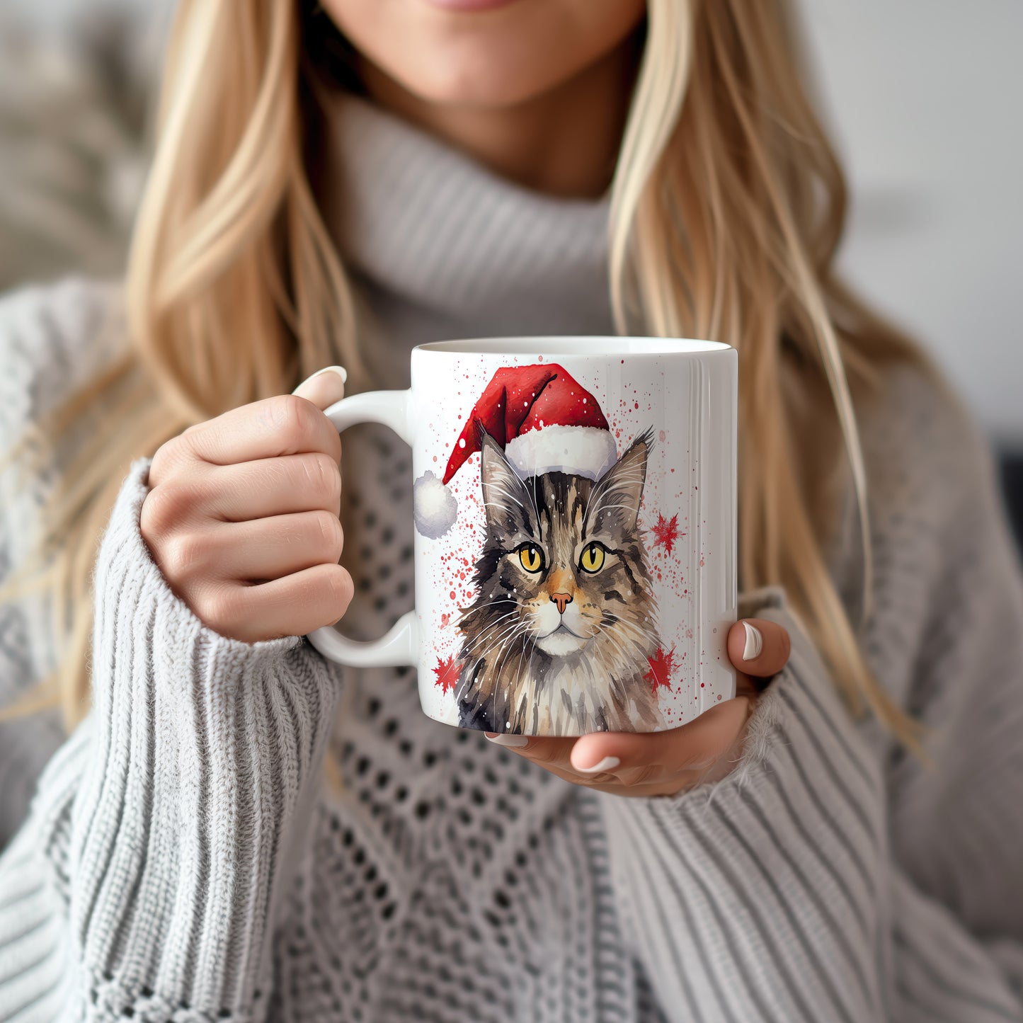 Hrnek s kočkou v čepici Santa – bílým provedením