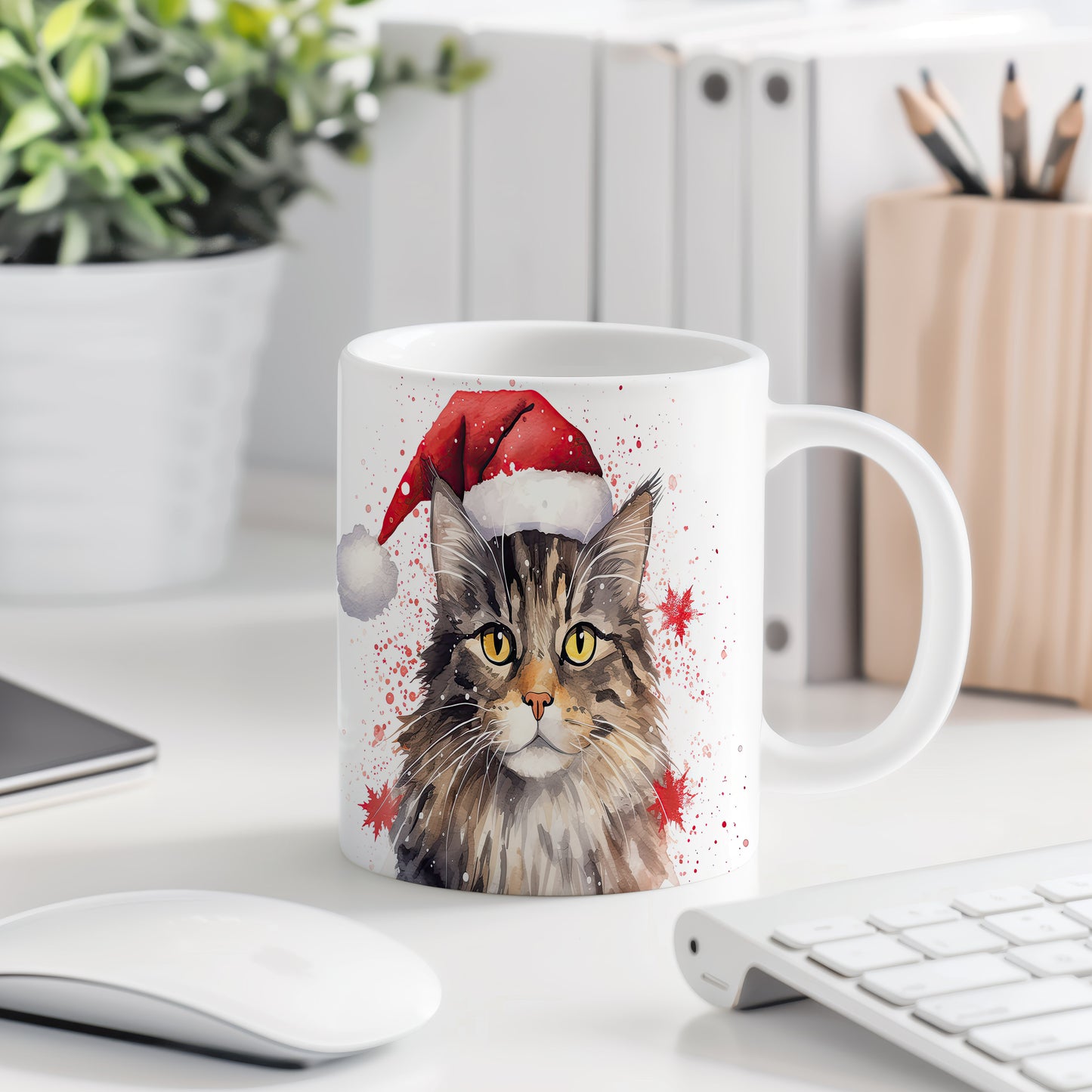Hrnek s kočkou v čepici Santa – bílým provedením