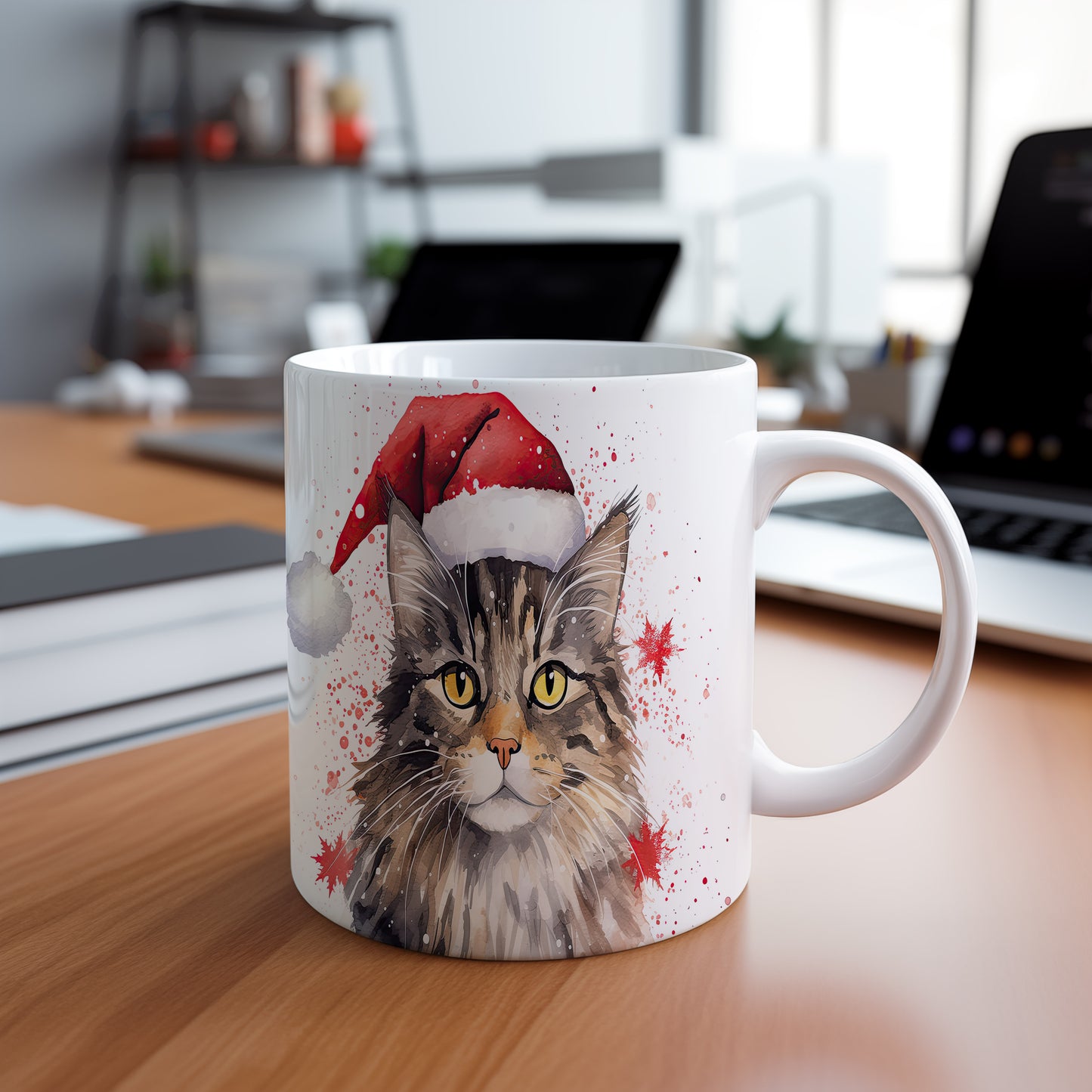 Hrnek s kočkou v čepici Santa – bílým provedením