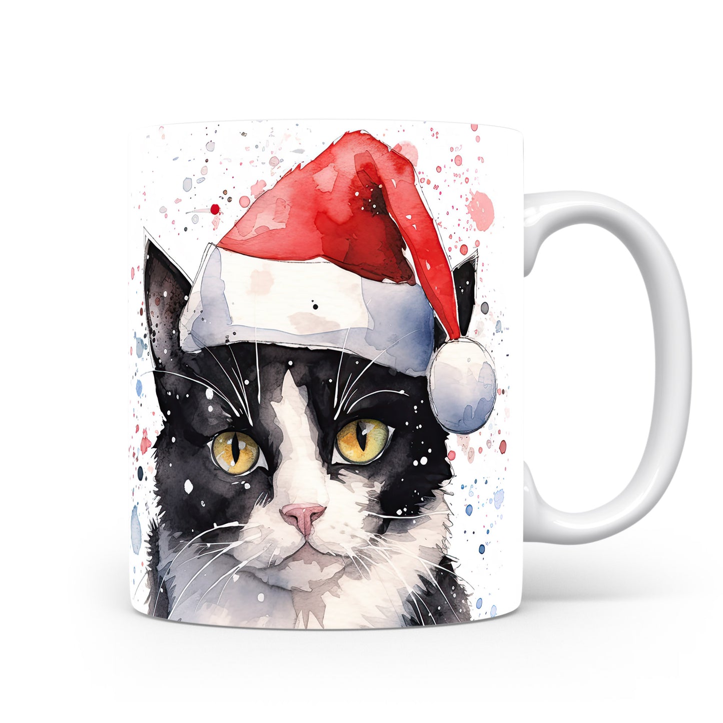 Hrnek s kočkou v čepici Santa a sněhovými vločkami