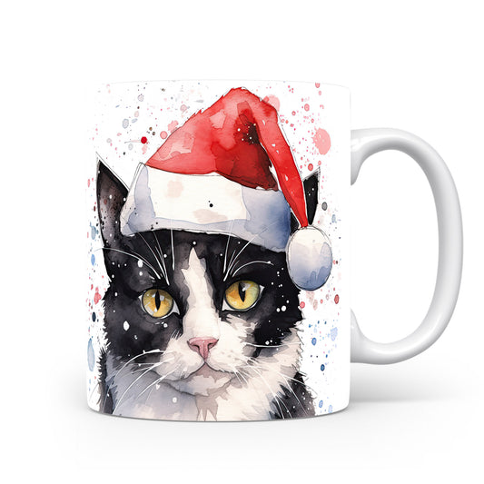 Hrnek s kočkou v čepici Santa a sněhovými vločkami