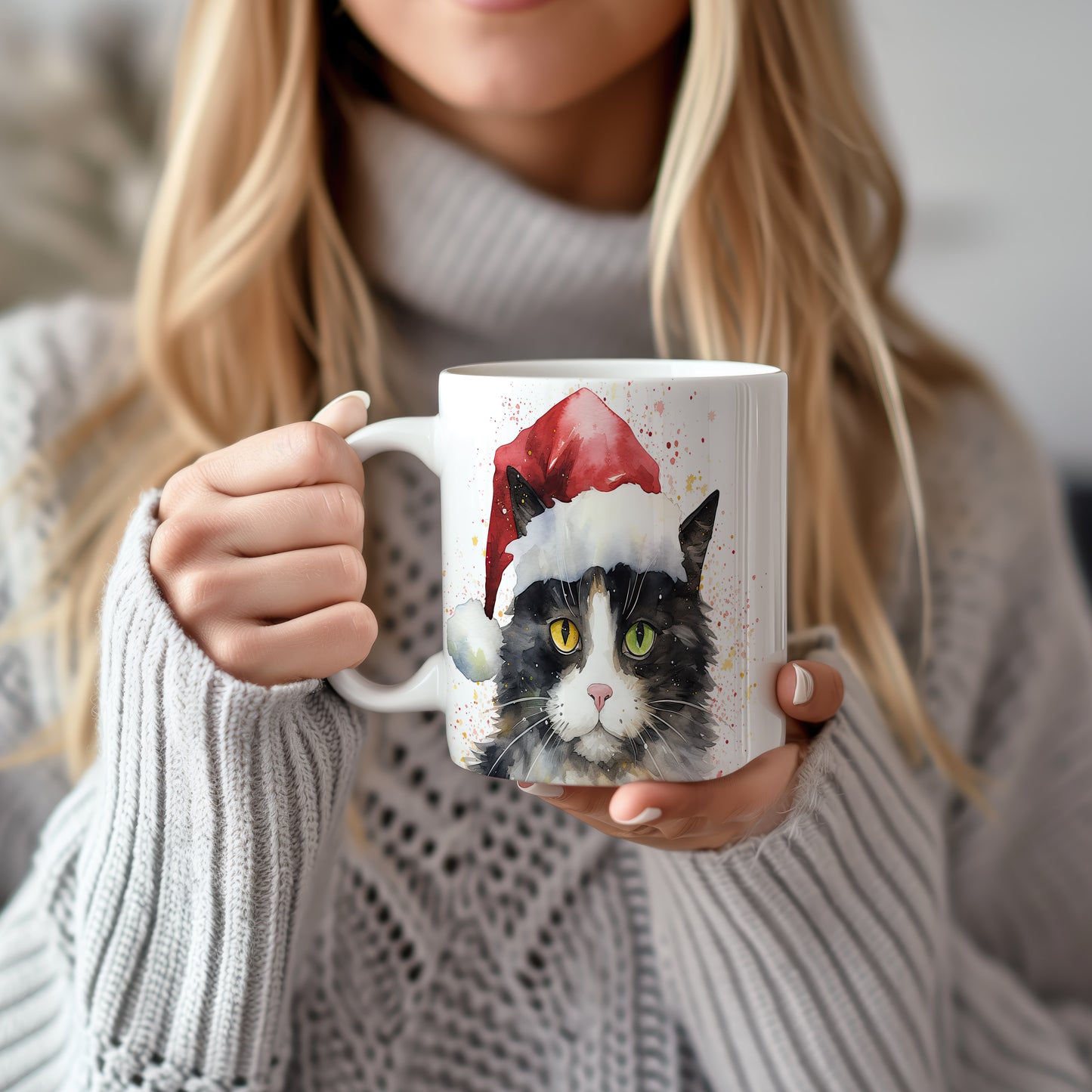 Hrnek s kočkou v Santa čepici – roztomilá digitální ilustrace