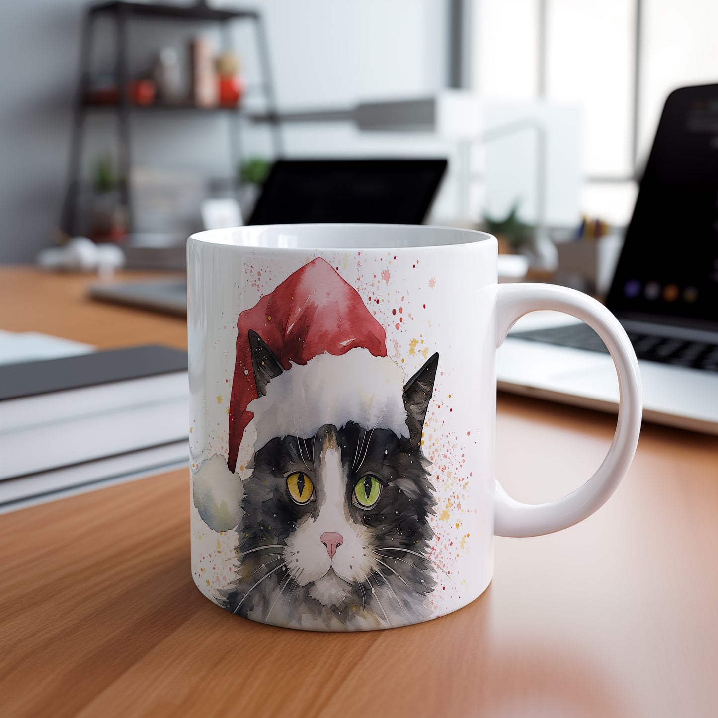 Hrnek s kočkou v Santa čepici – roztomilá digitální ilustrace