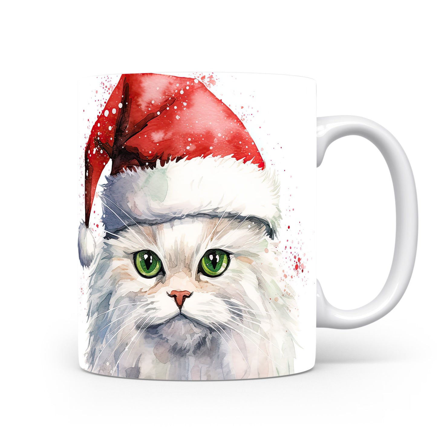 Hrnek s bílou kočkou v Santa čepici – akvarelový styl