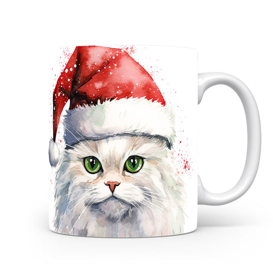 Hrnek s bílou kočkou v Santa čepici – akvarelový styl