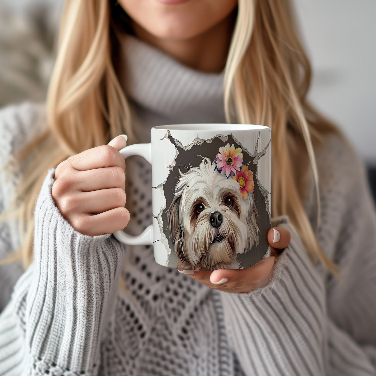 Hrnek s shihtzu a květinovým 3D efektem