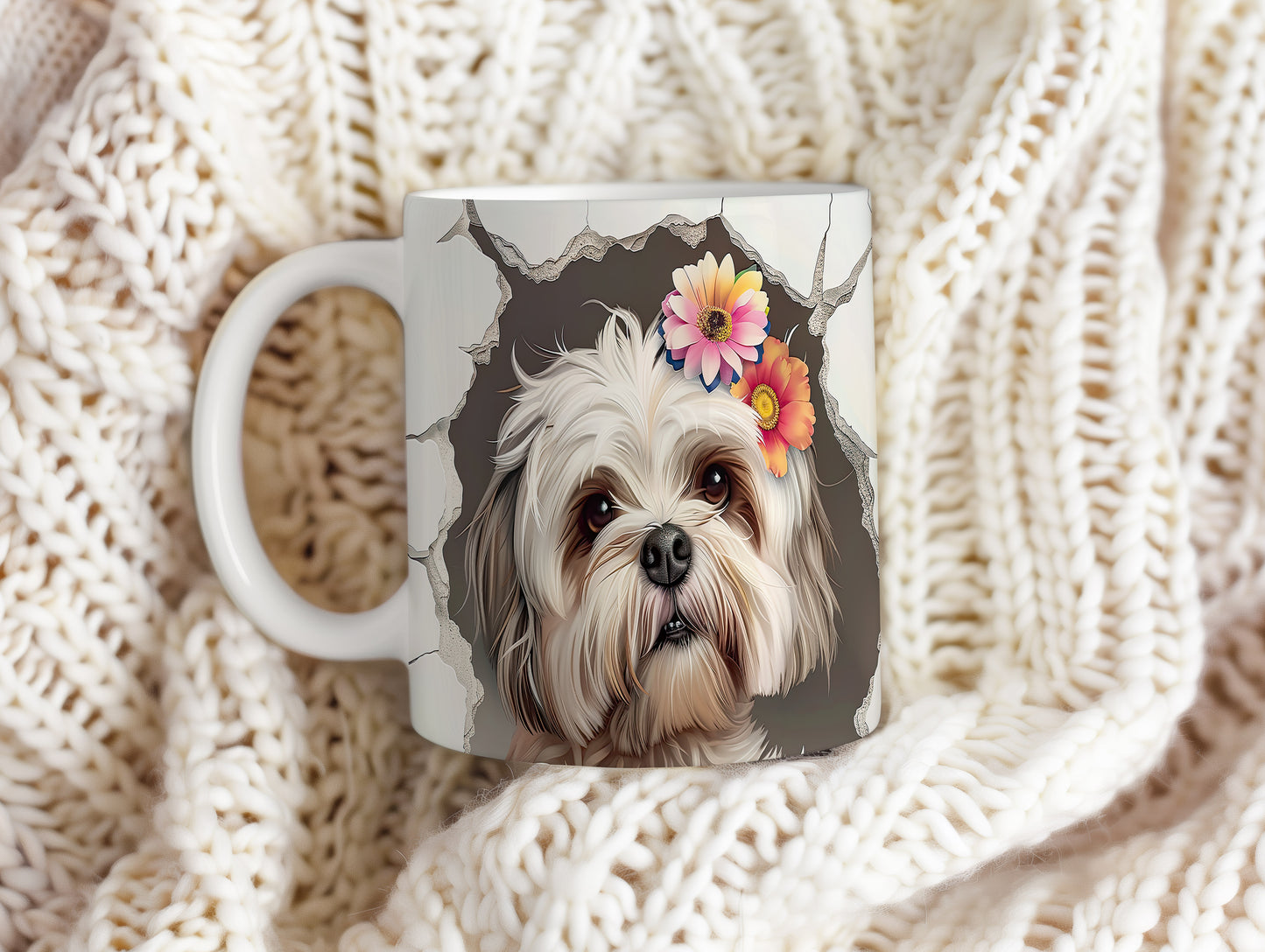 Hrnek s shihtzu a květinovým 3D efektem