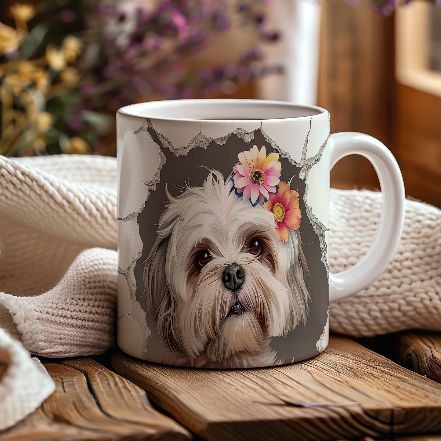 Hrnek s shihtzu a květinovým 3D efektem
