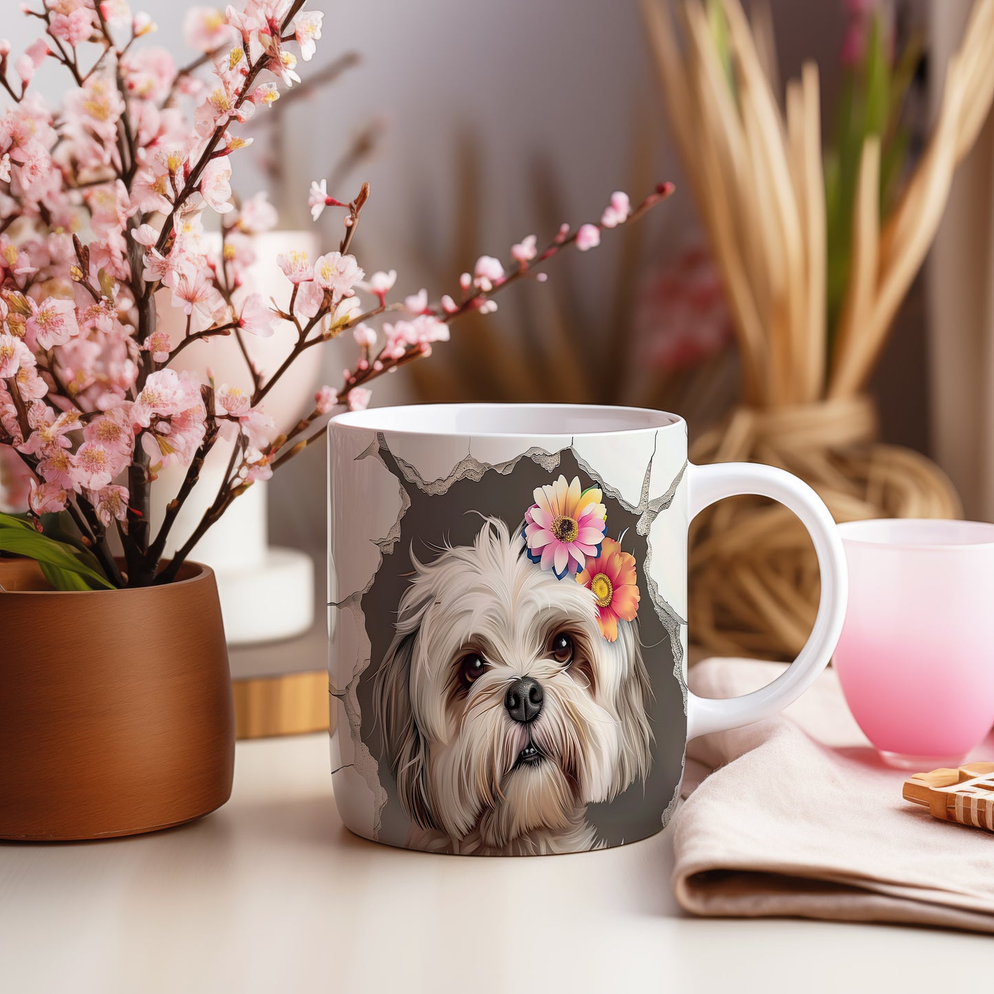 Hrnek s shihtzu a květinovým 3D efektem