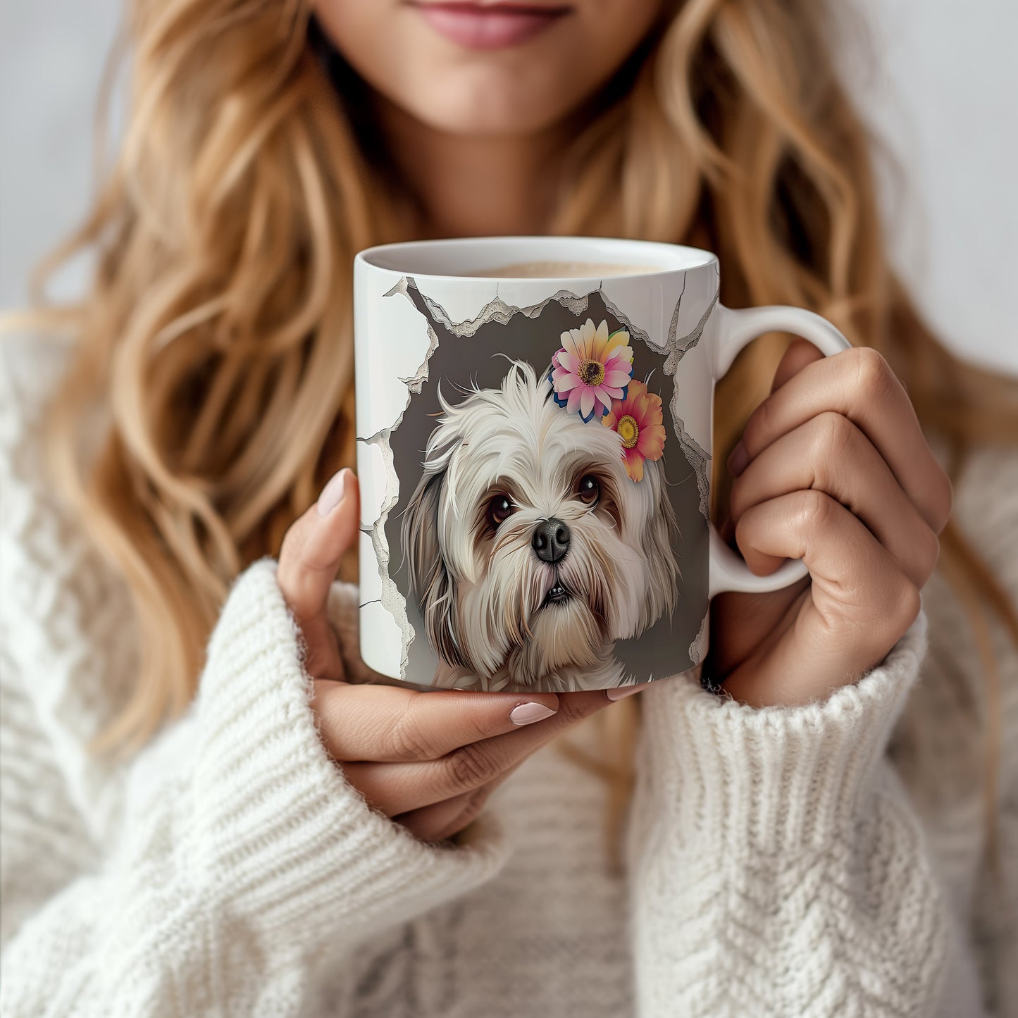 Hrnek s shihtzu a květinovým 3D efektem