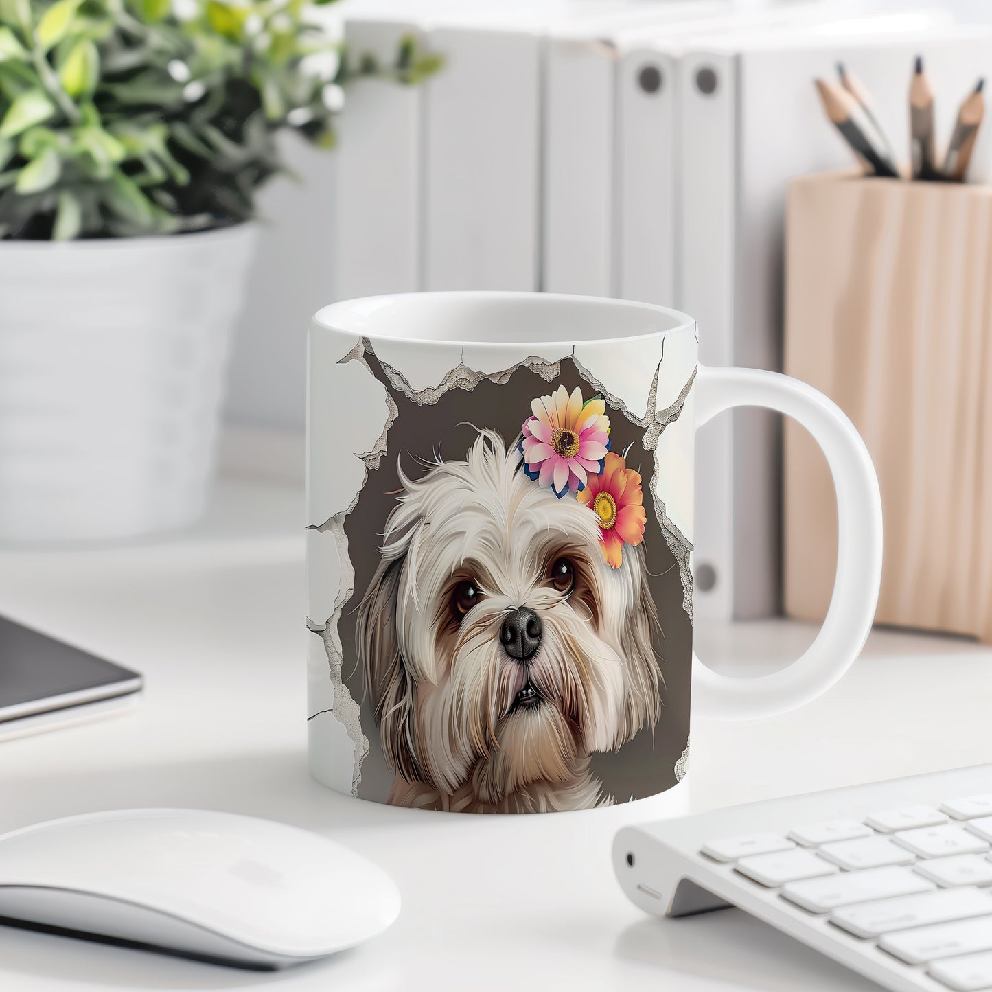 Hrnek s shihtzu a květinovým 3D efektem