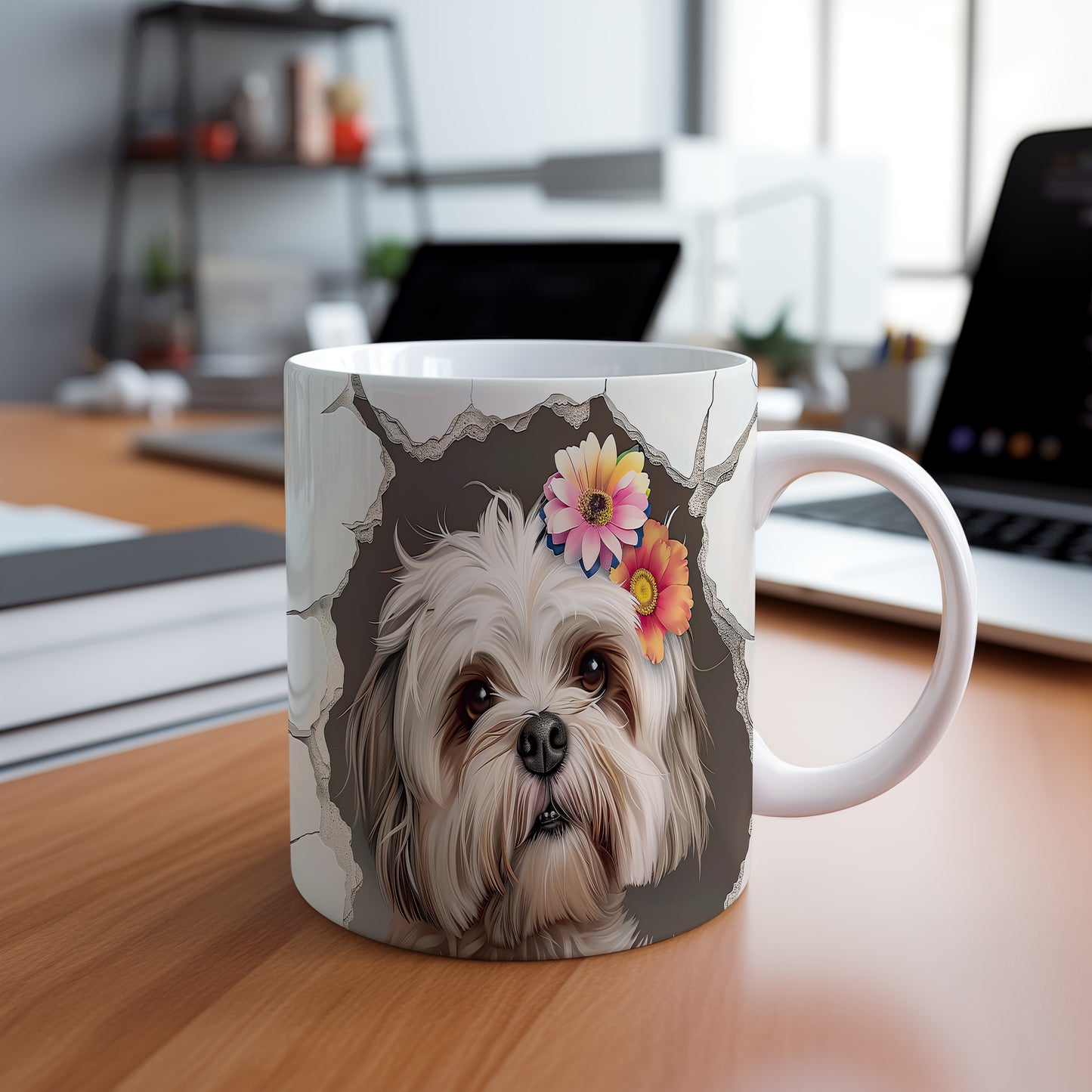 Hrnek s shihtzu a květinovým 3D efektem