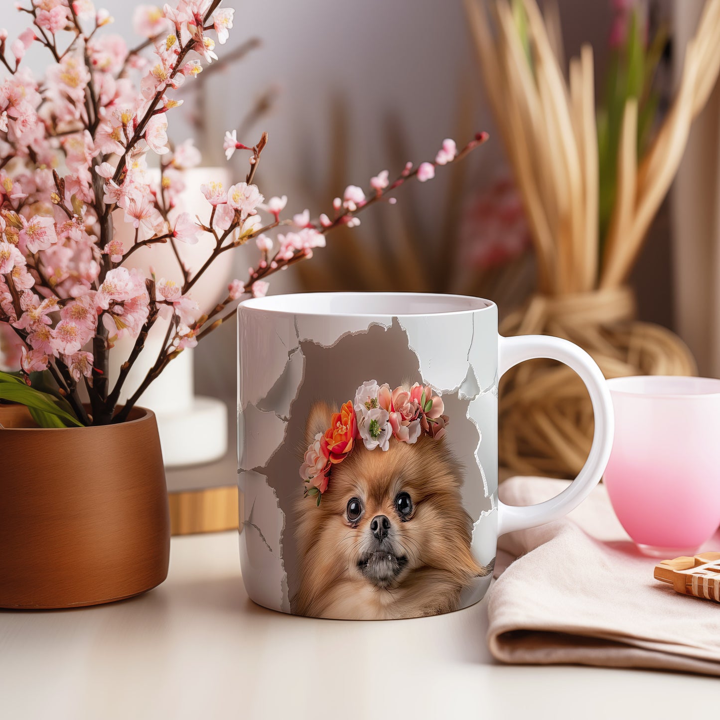 Hrnek s roztomilým pomeranianem – bílým provedením