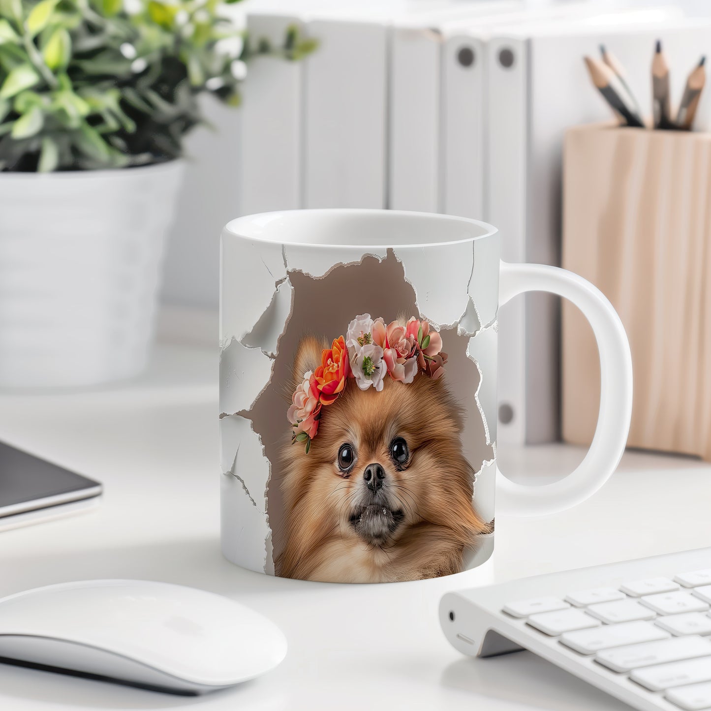 Hrnek s roztomilým pomeranianem – bílým provedením