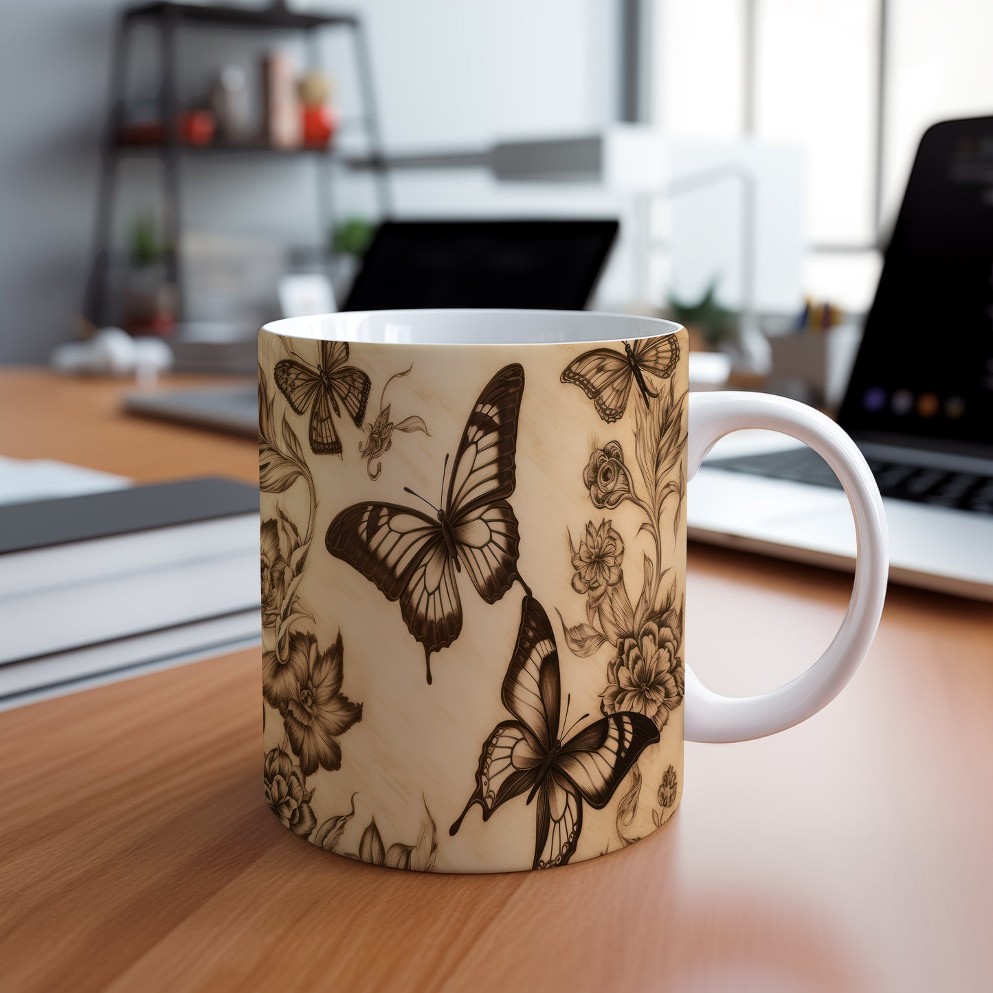 Hrnek s motýly a květinami v béžových tónech – elegantní design