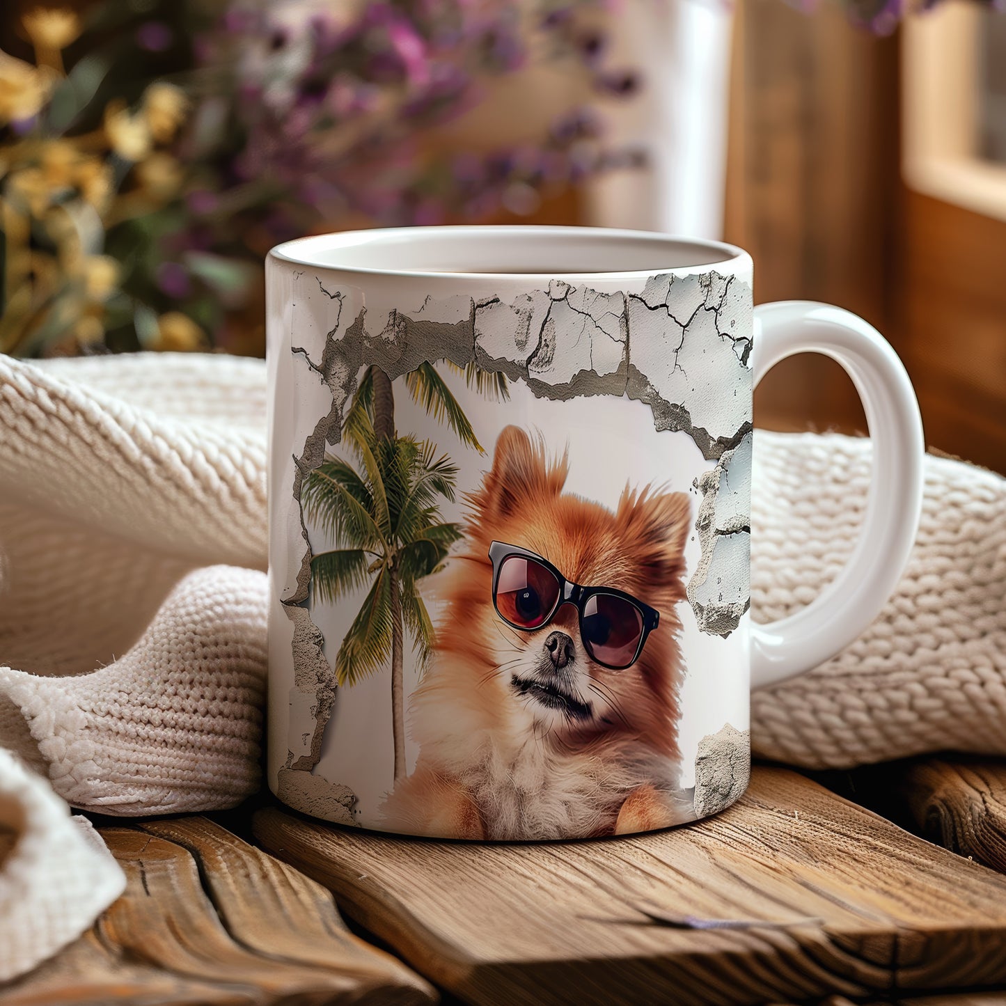 Hrnek s roztomilým pomeranianem v slunečních brýlích