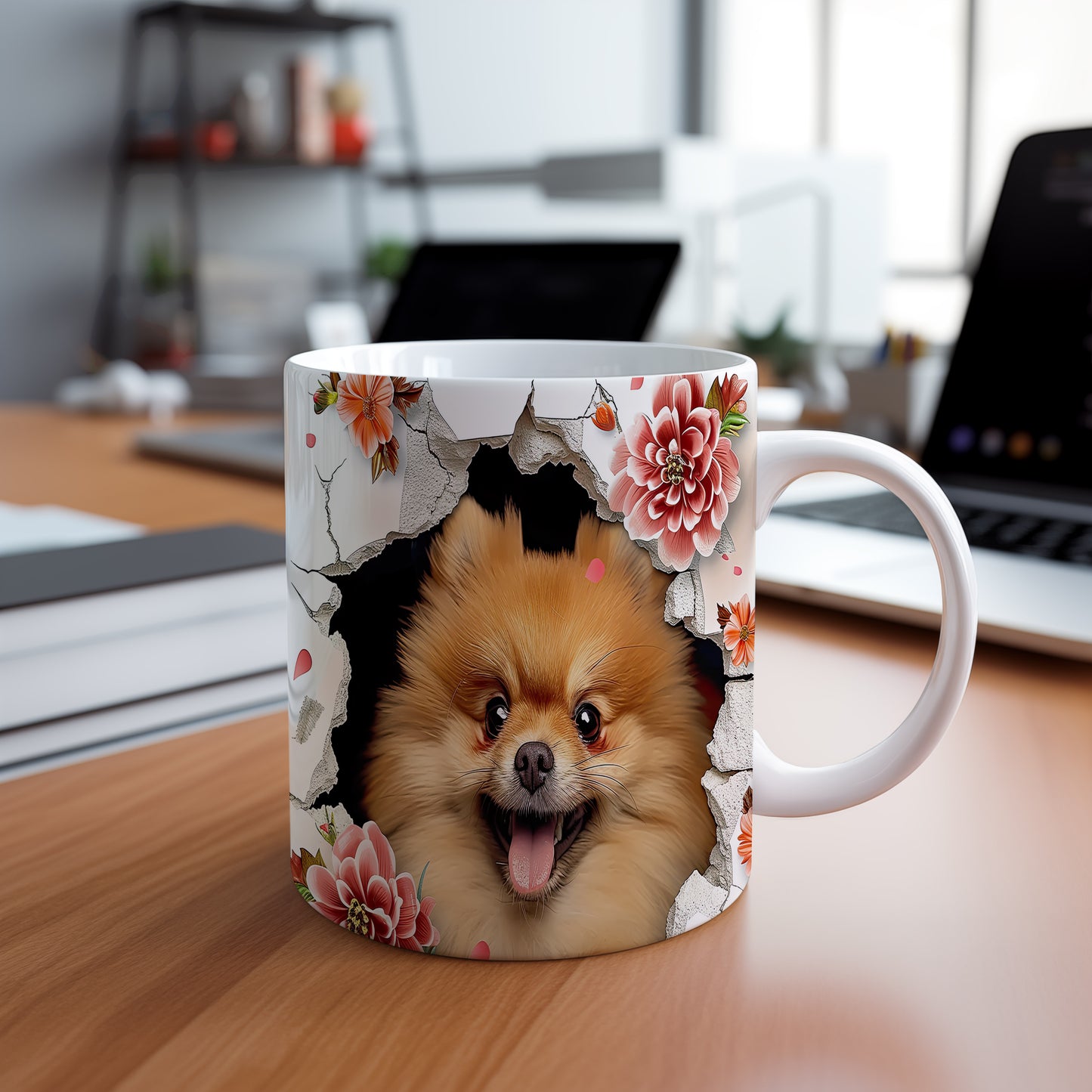 Hrnek s roztomilým pomeranianem – černobílým motivem