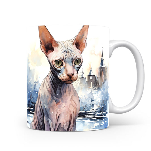 Hrnek se sphynx kočkou v zasněžené krajině