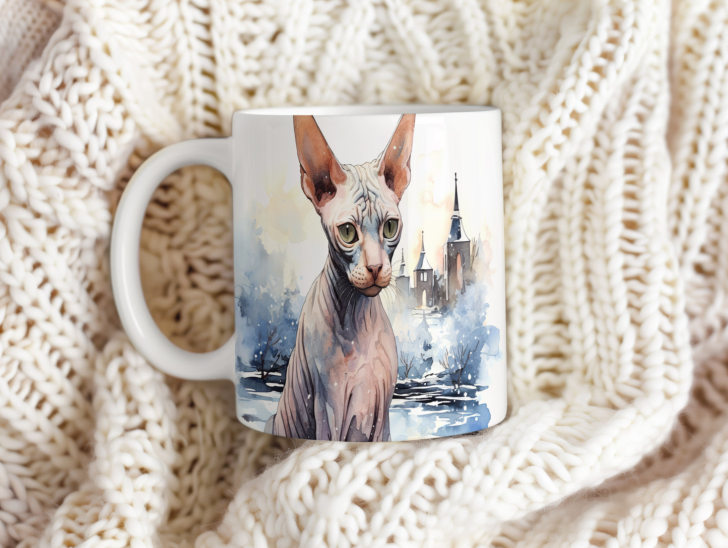 Hrnek se sphynx kočkou v zasněžené krajině