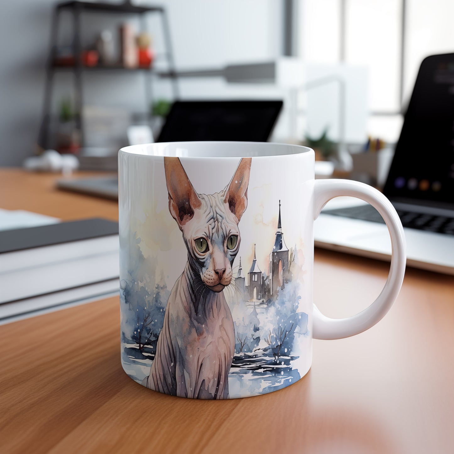 Hrnek se sphynx kočkou v zasněžené krajině