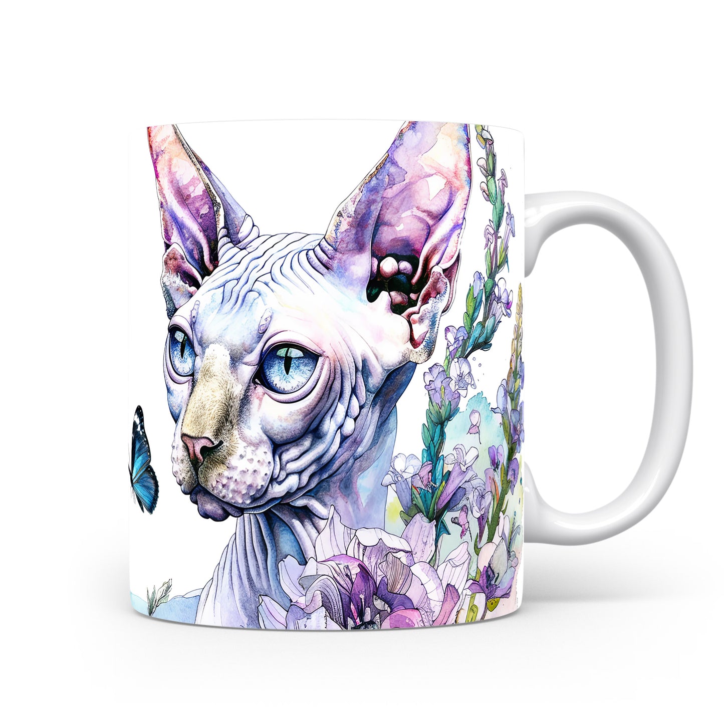 Hrnek se sphynxem a květinami – modrými detaily