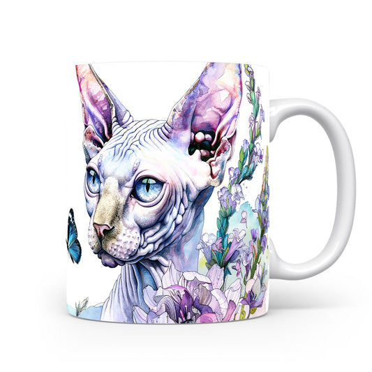 Hrnek se sphynxem a květinami – modrými detaily