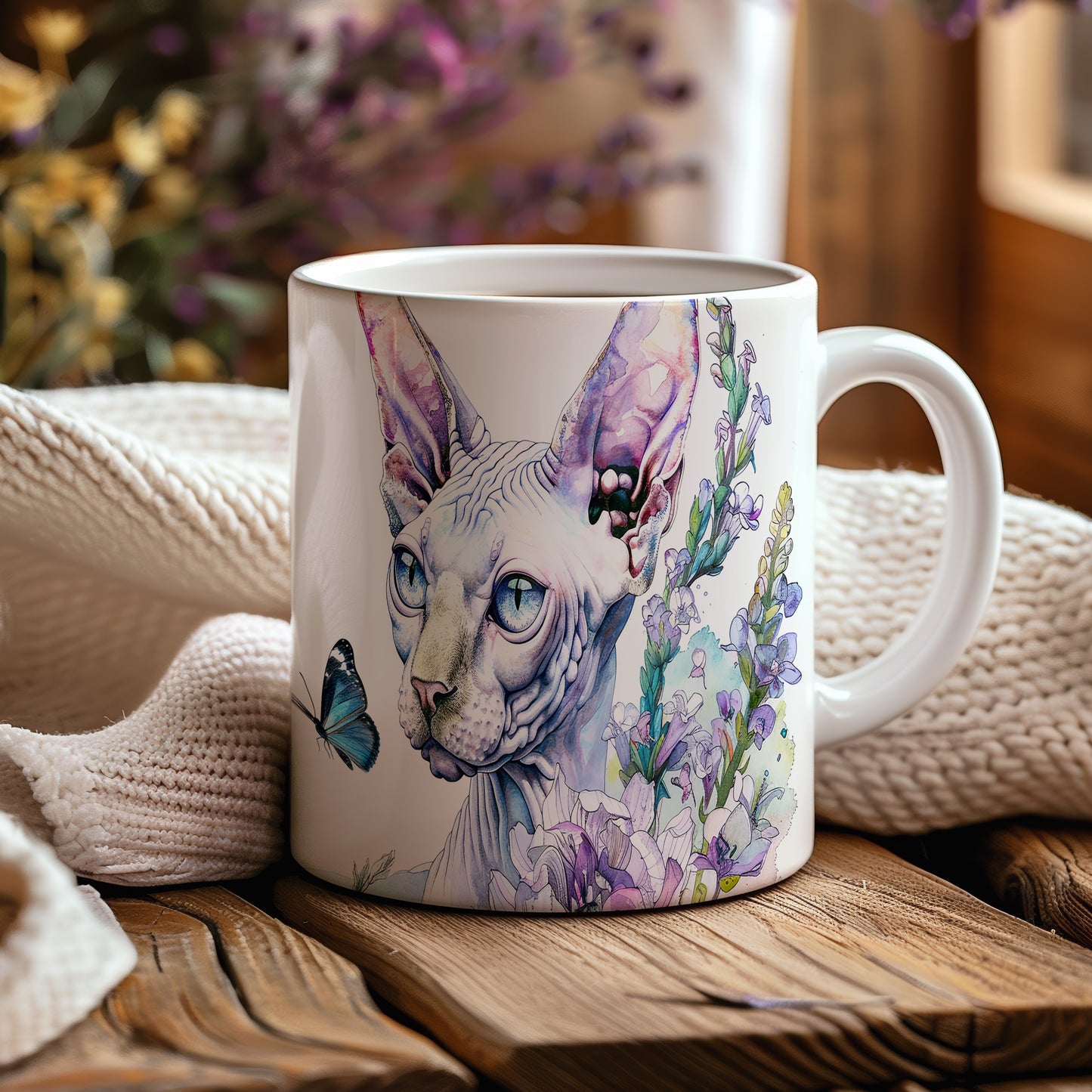 Hrnek se sphynxem a květinami – modrými detaily