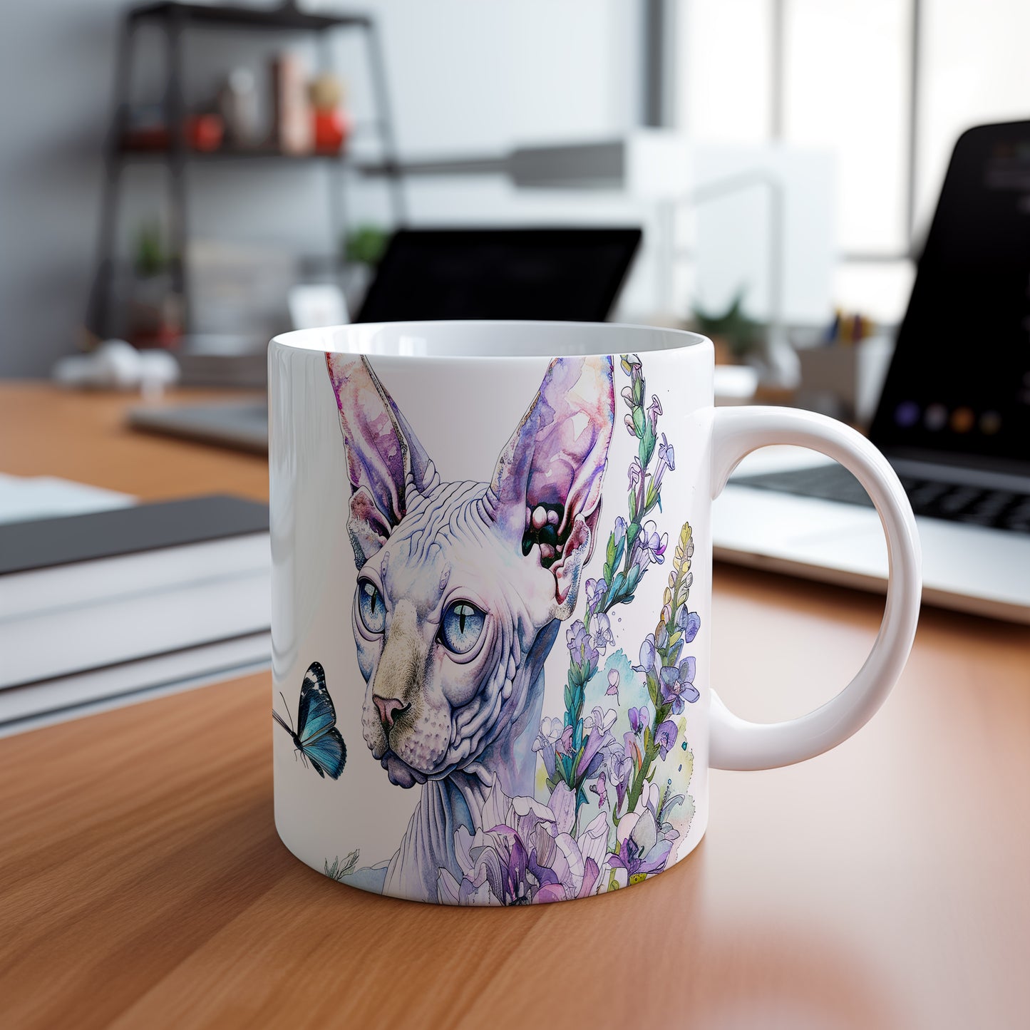 Hrnek se sphynxem a květinami – modrými detaily
