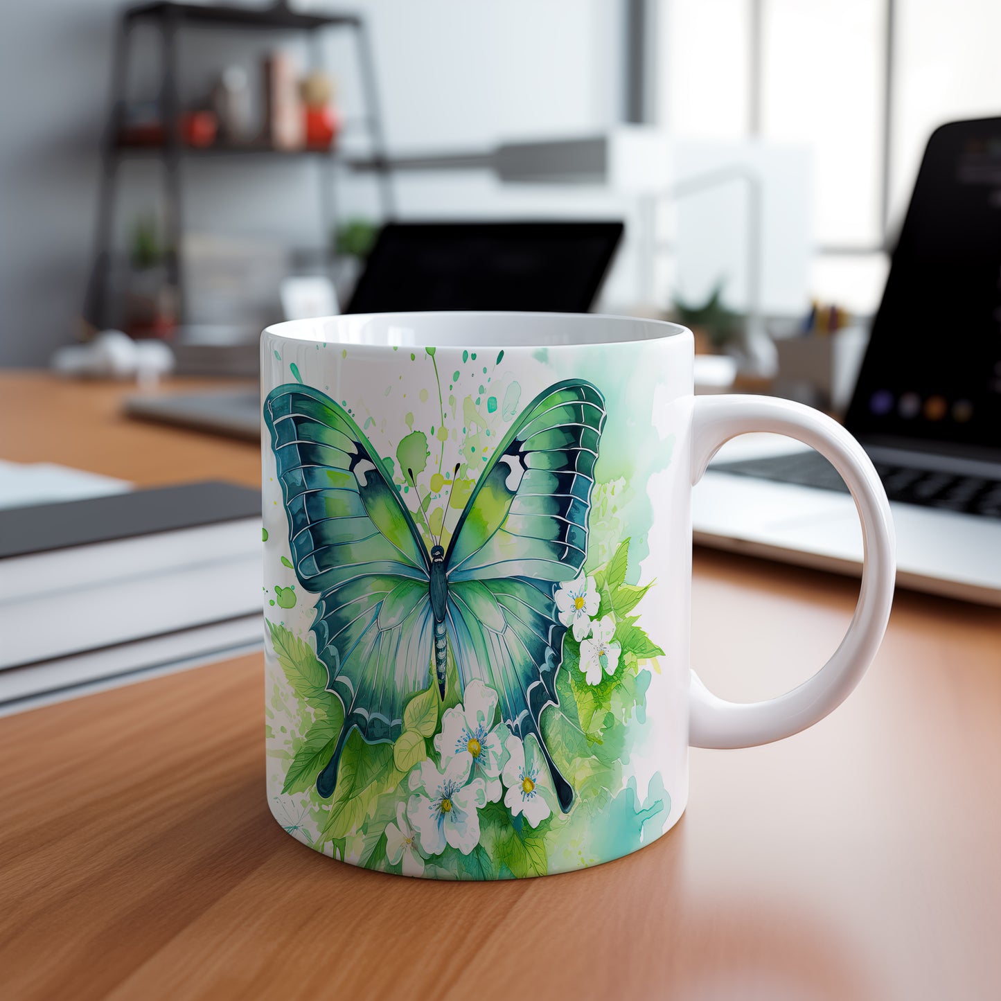 Hrnek s motýlem a květinami – výrazným designem