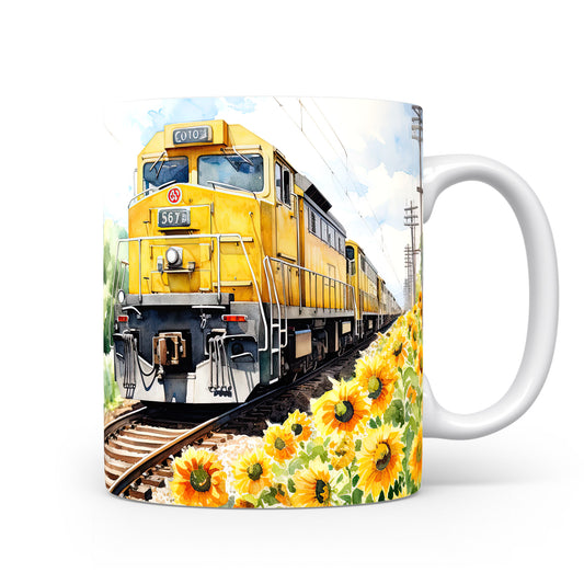 Hrnek se žlutým vlakem a slunečnicemi