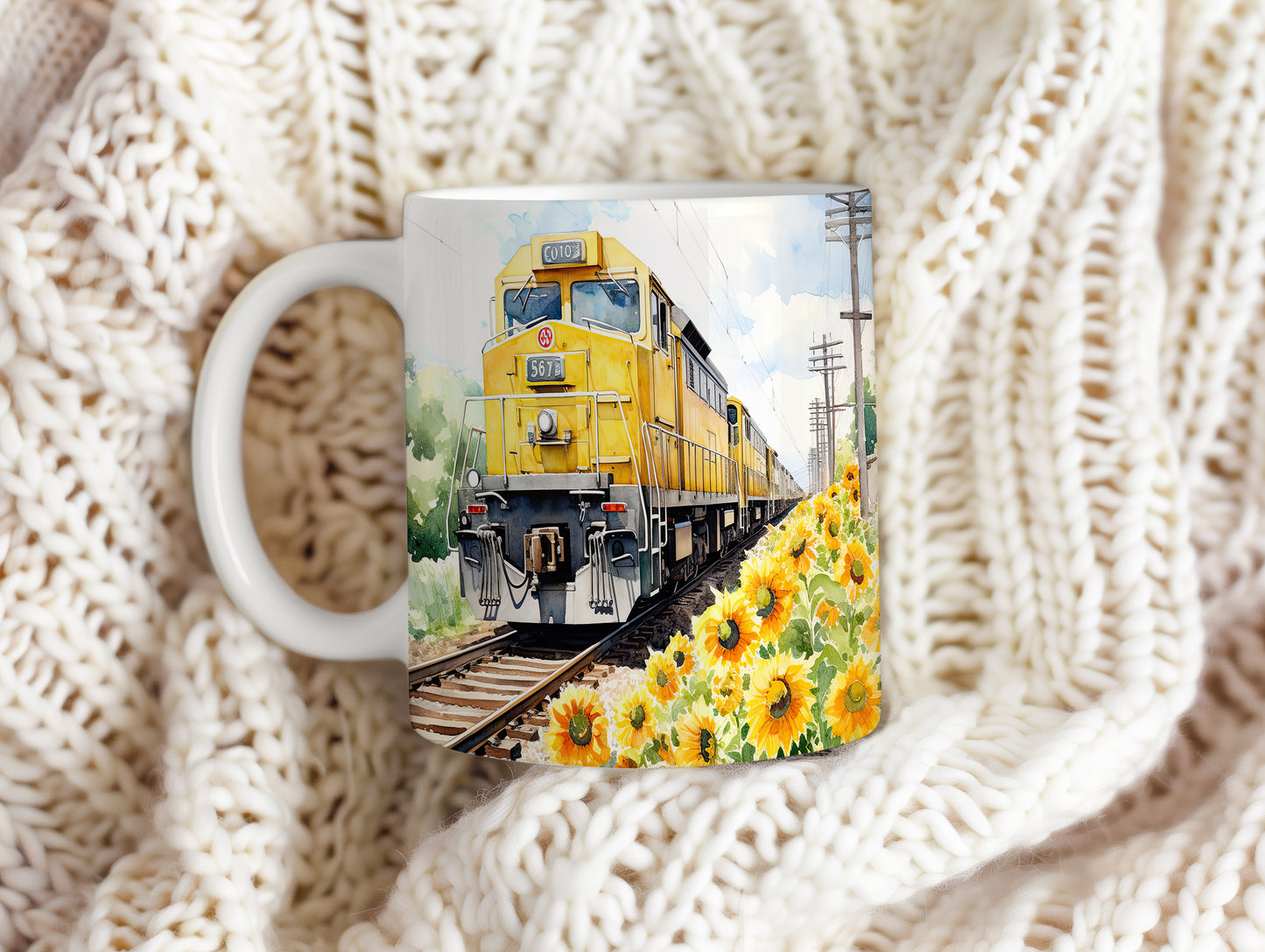 Hrnek se žlutým vlakem a slunečnicemi