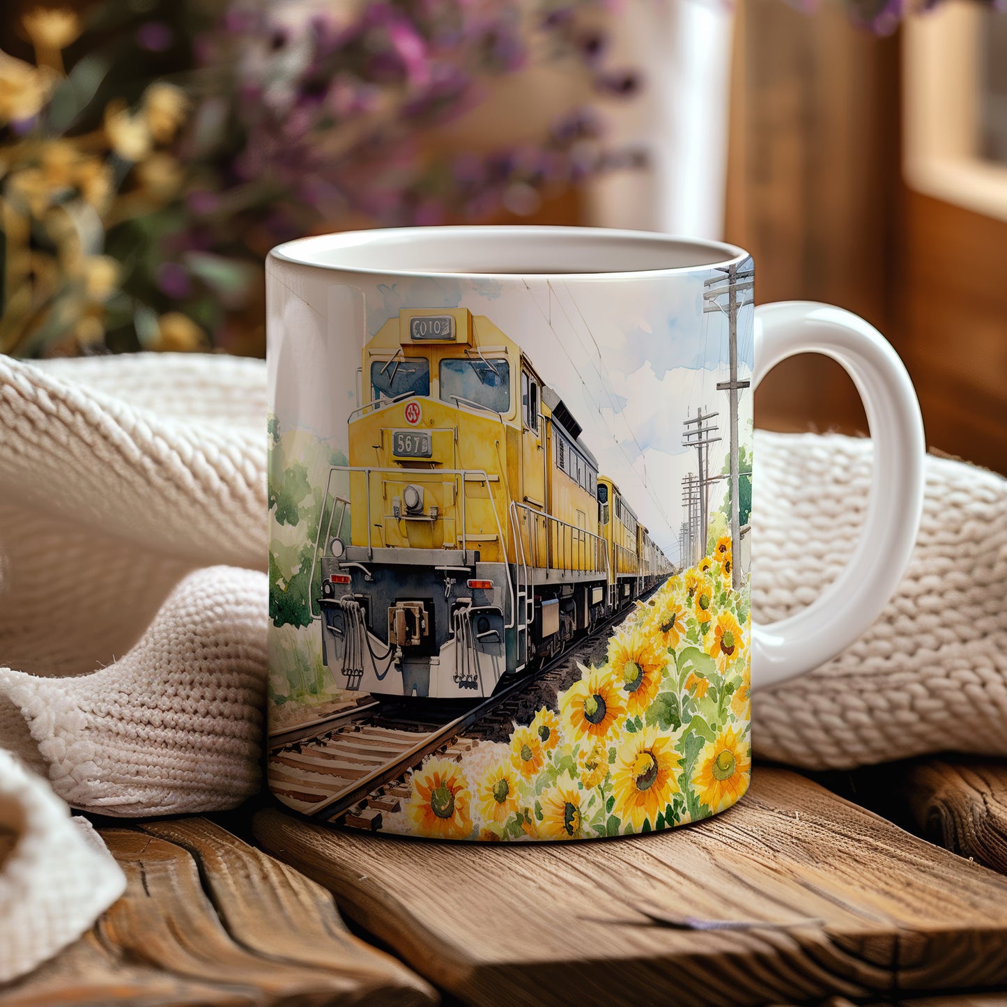 Hrnek se žlutým vlakem a slunečnicemi