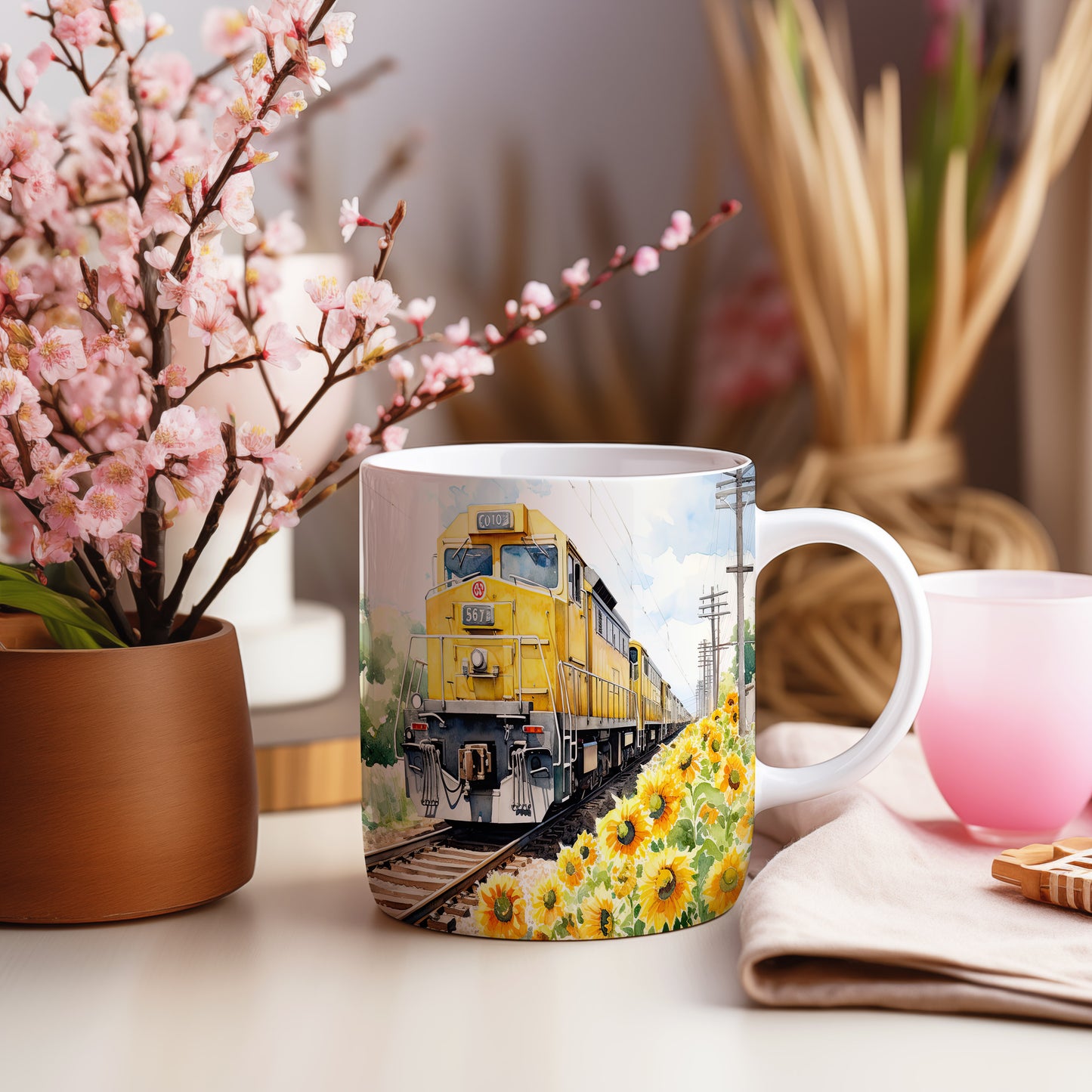 Hrnek se žlutým vlakem a slunečnicemi