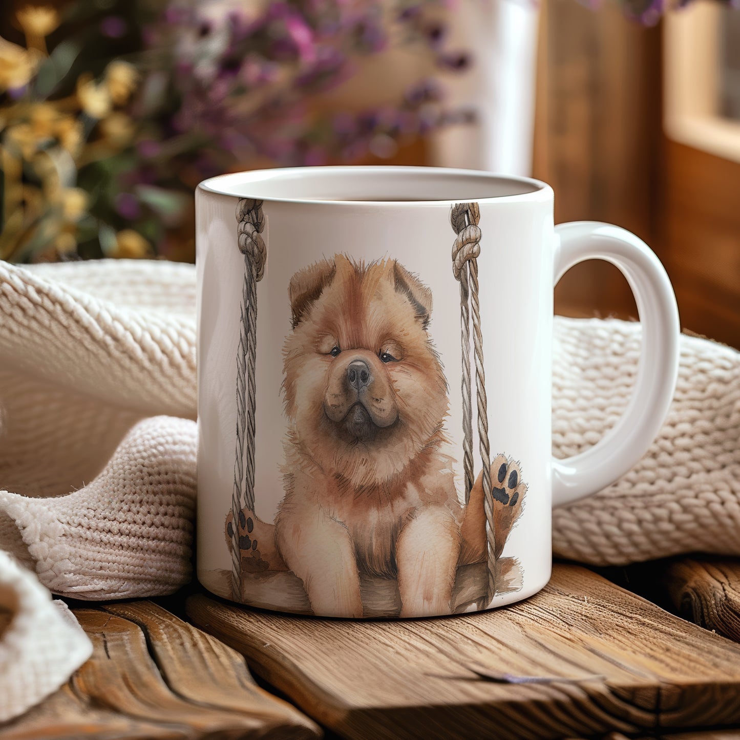 Hrnek s chow chow psem na houpačce