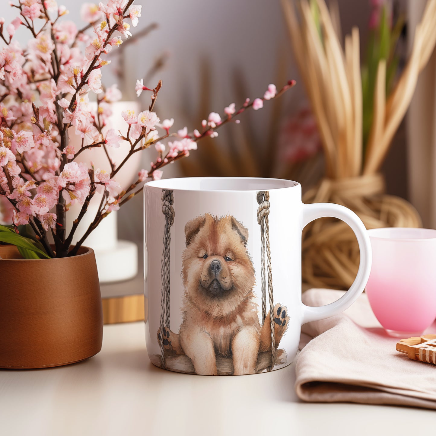 Hrnek s chow chow psem na houpačce