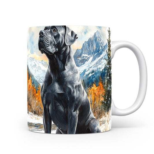 Hrnek s majestátním Cane Corso a horskou scenérií