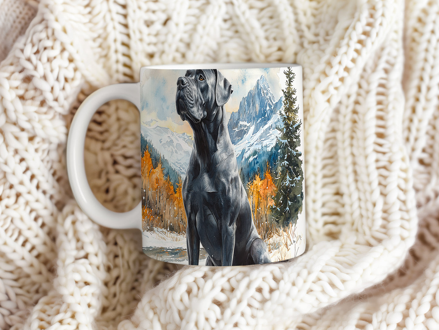 Hrnek s majestátním Cane Corso a horskou scenérií