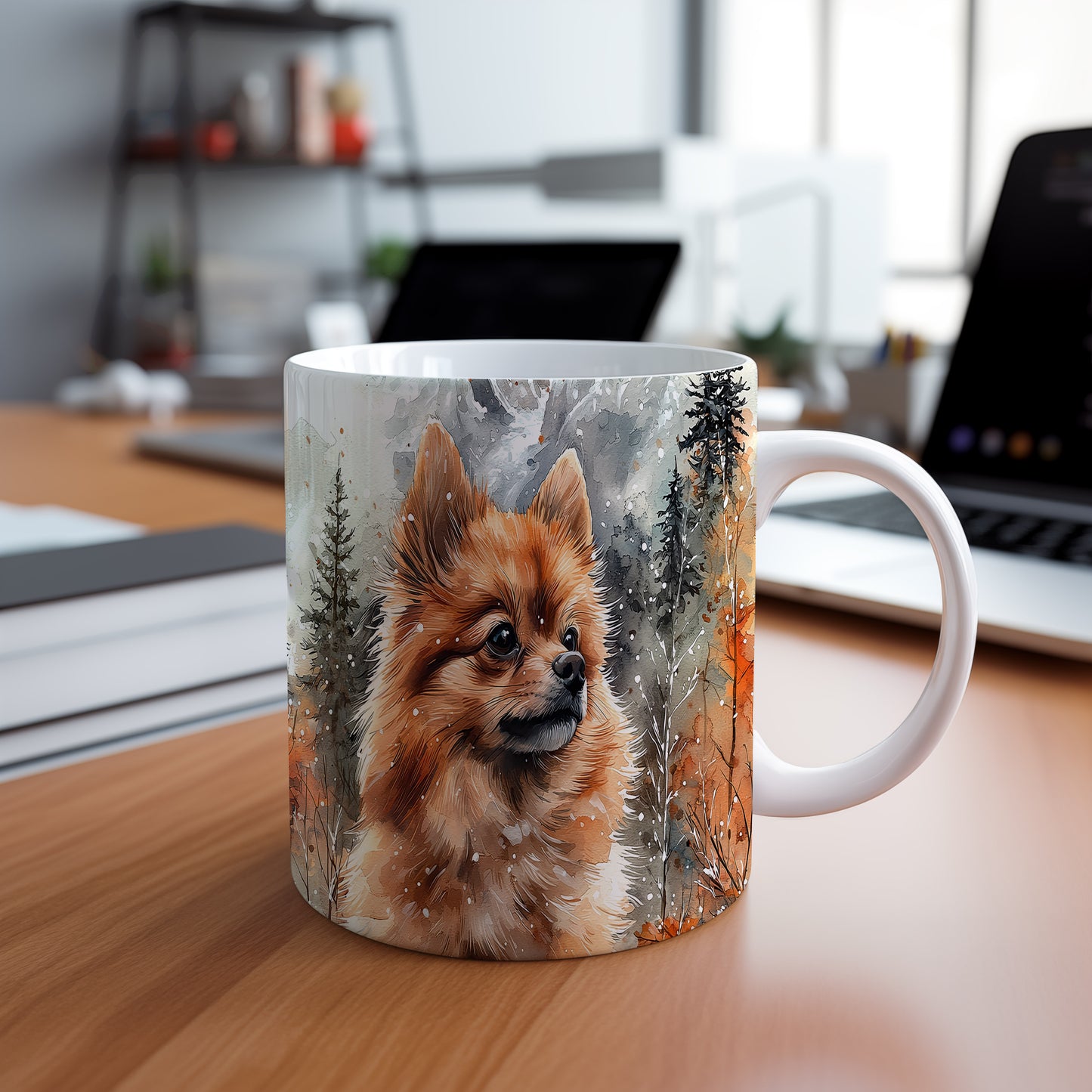 Hrnek s portrétem pomeraniana v přírodě