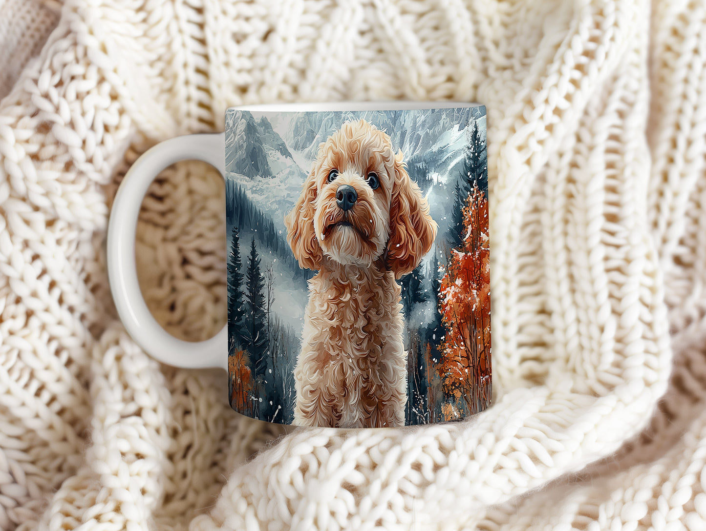 Hrnek s roztomilým Cavapoo v přírodě – digitální ilustrace