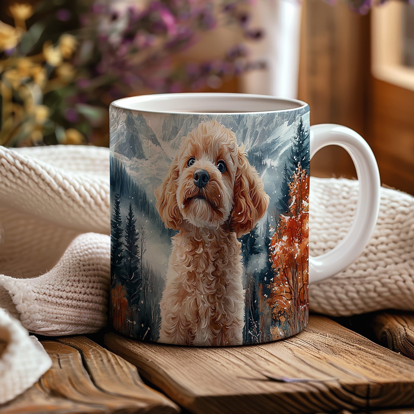 Hrnek s roztomilým Cavapoo v přírodě – digitální ilustrace